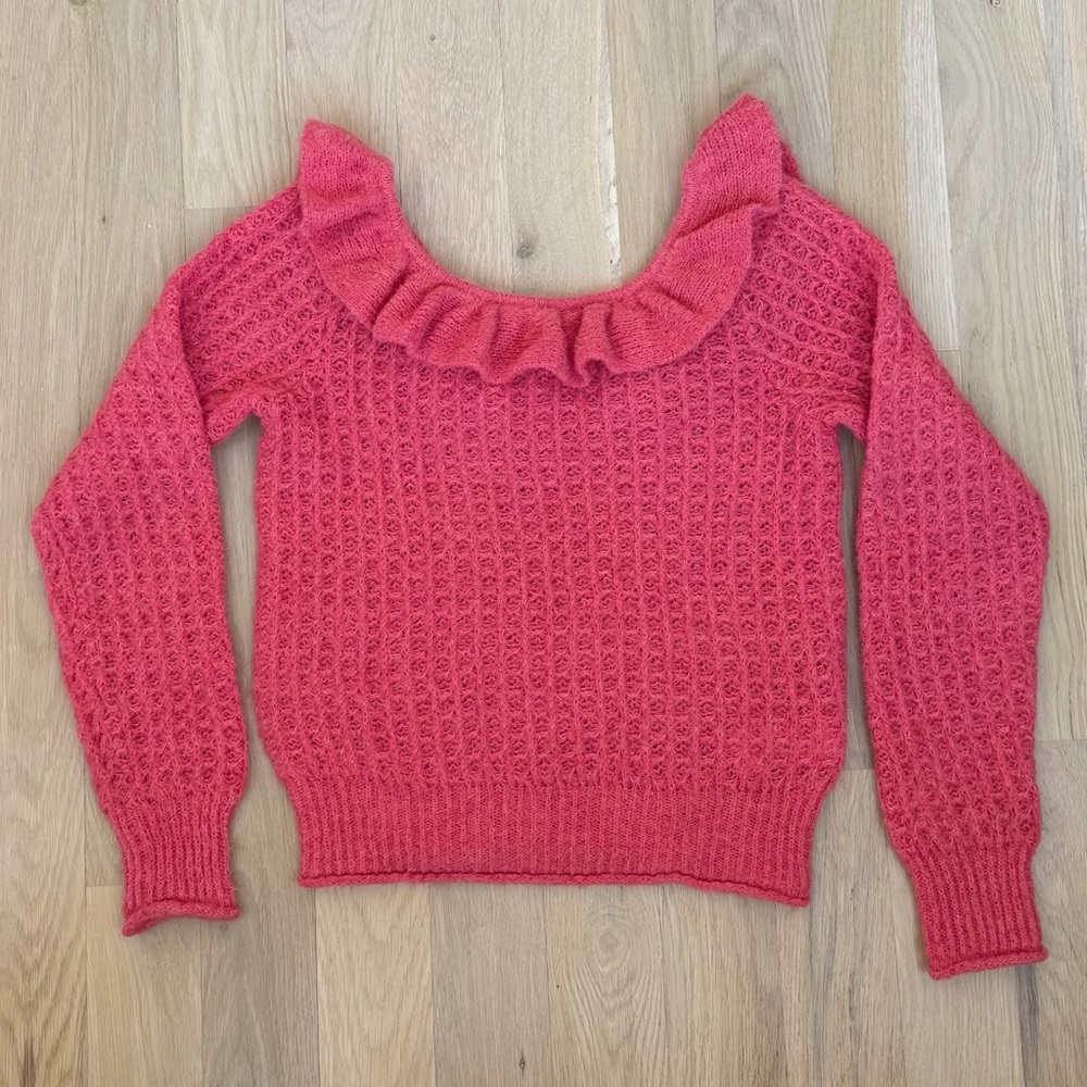 Anthropologie Pink Knit Sweater with Ruffle Detail
